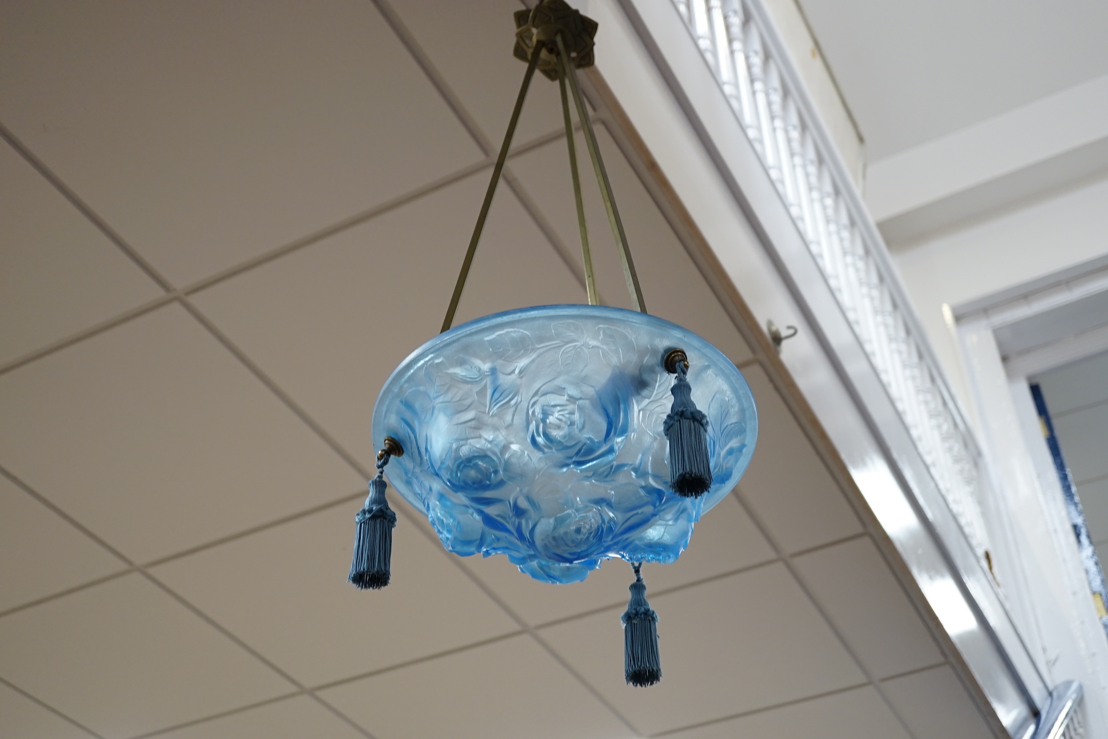 An Art Deco frosted blue glass plaffonier, 34.5cm